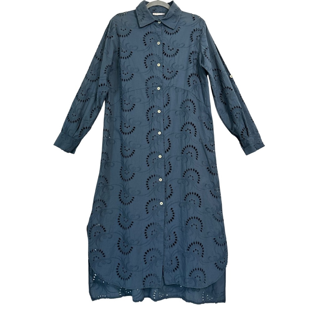 Italian Cotton Eyelet Shirt Dress Blue Embroidered Tunic Long Sleeve L